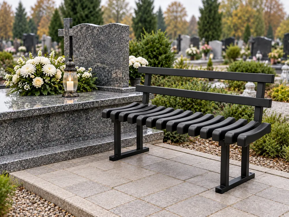 Czarna ławka z profilowanym siedziskiem przy nagrobku — 2